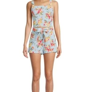 No Boundaries Junior Size M Tank Top And Shorts Two Piece Set Blue With Floral